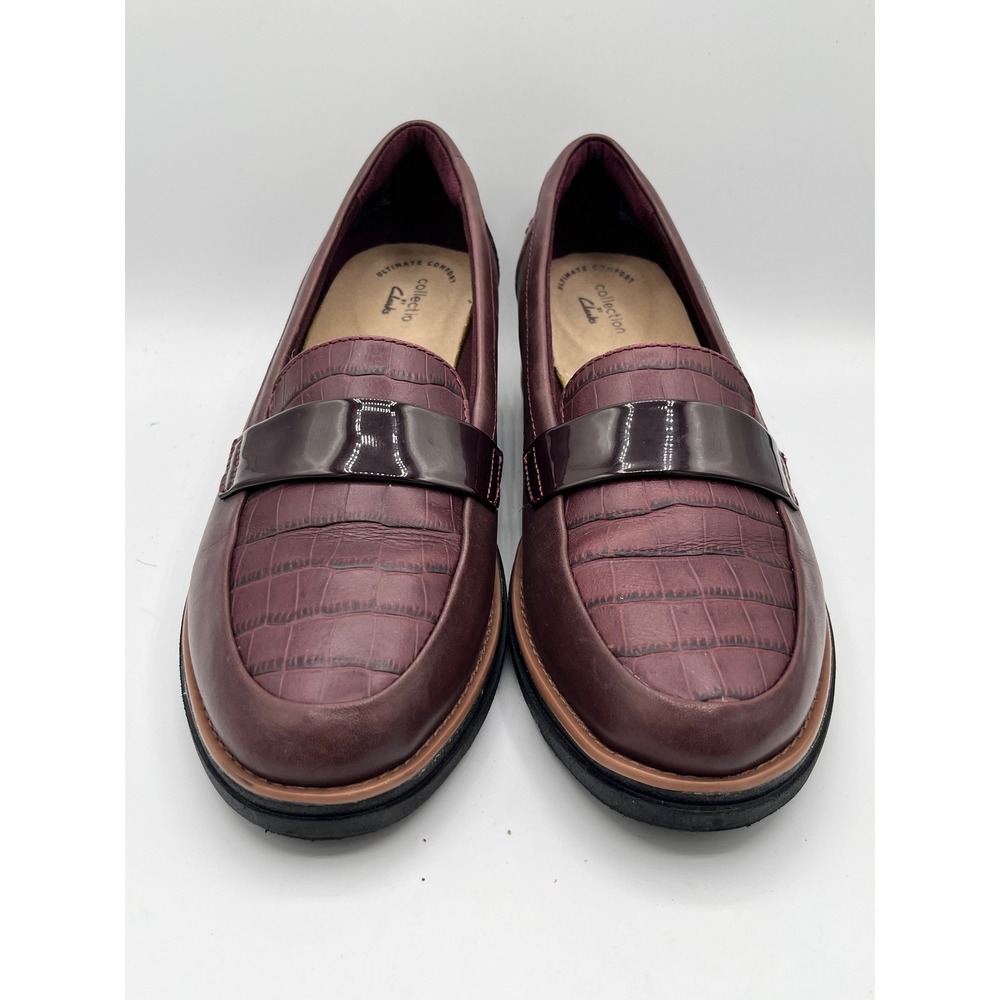 Clarks Collection Burgundy Croc Leather Wedge Loafers Women‎ Sz 8M Comfort